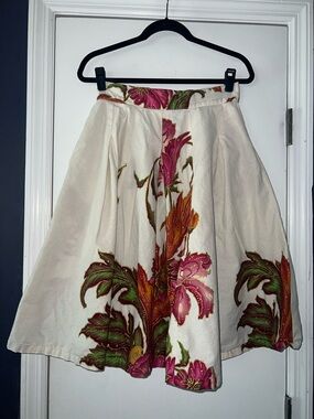 Cream Circle Skirt with Pink Floral & Green Leaves